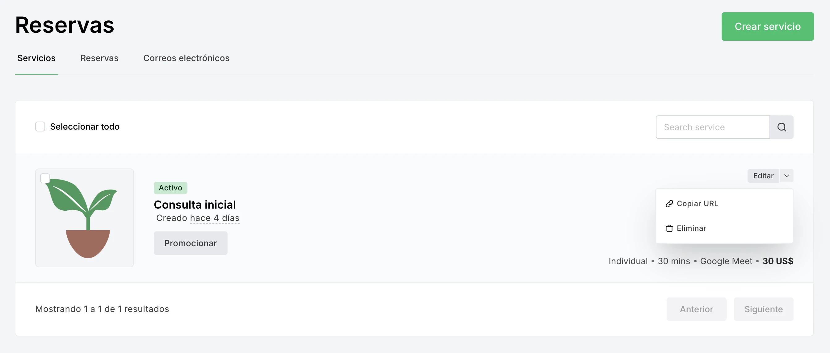 Captura de pantalla del panel de Reserva de citas en MailerLite