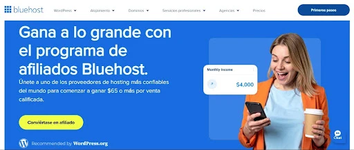 pagina de programa de afiliados de bluehost