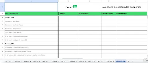 plantilla de calendario editorial de email marketing de mailerlite