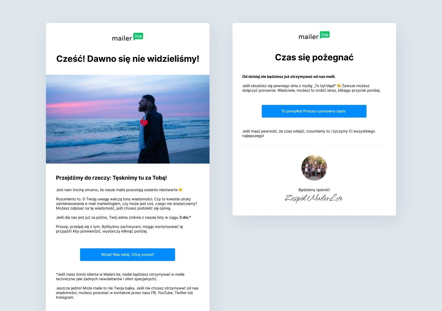 Przykład kampanii e-mailowej MailerLite mającej na celu ponowne zaangażowanie odbiorców – „Cześć, dawno się nie widzieliśmy”.