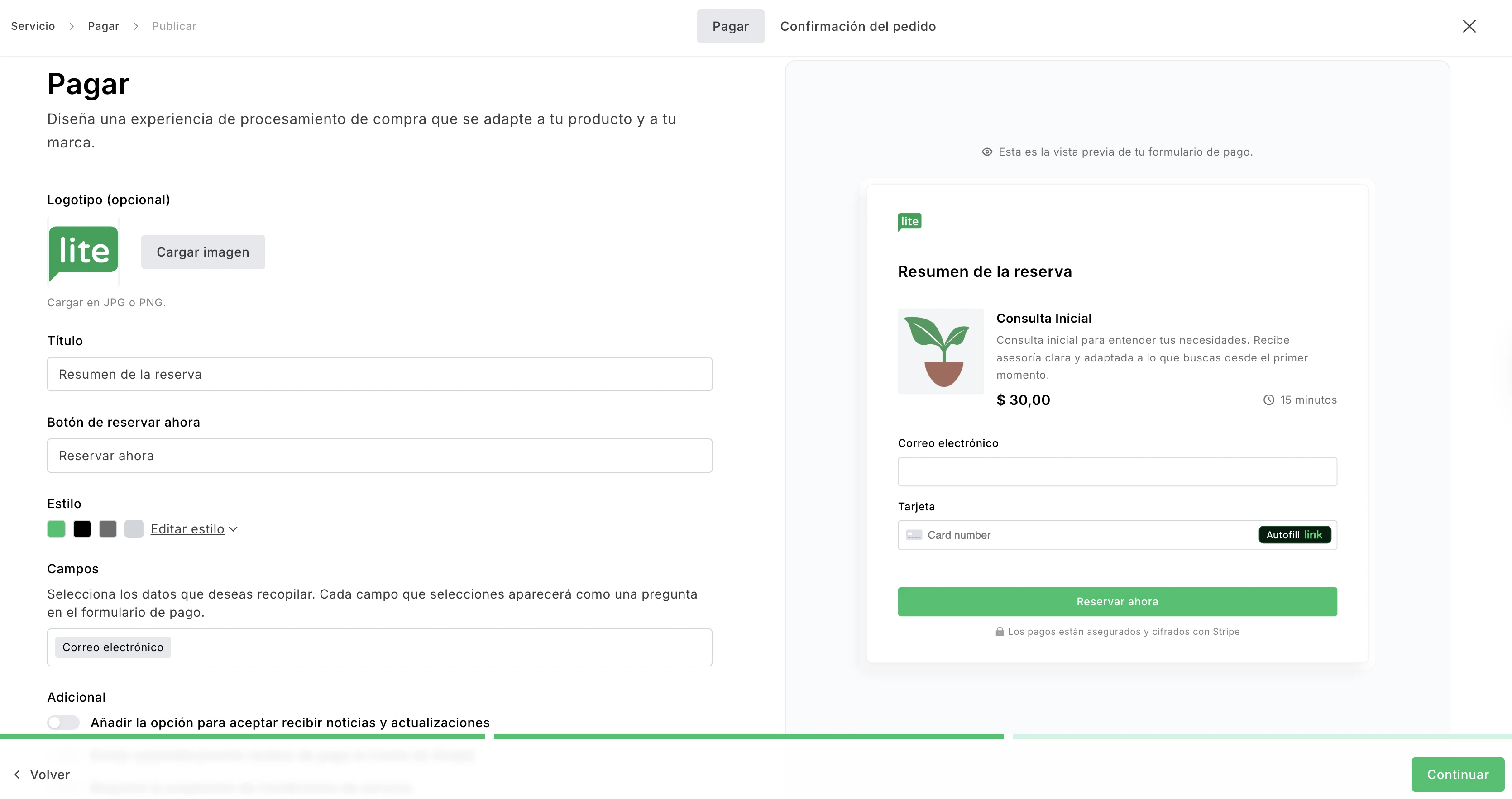 Captura de pantalla de la página de edición del checkout en MailerLite