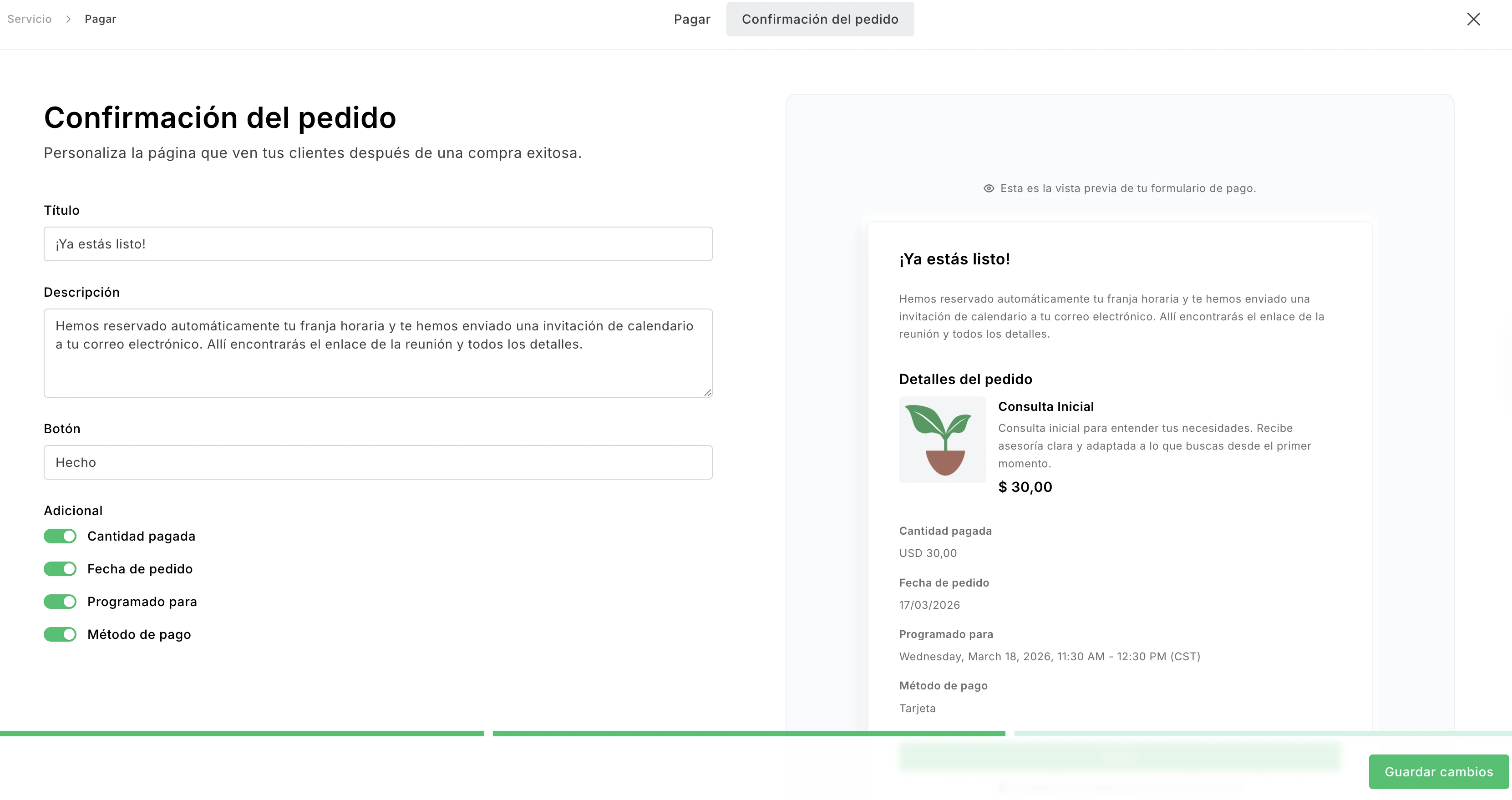 Captura de pantalla de la página de confirmación del pedido de Reserva de citas en MailerLite