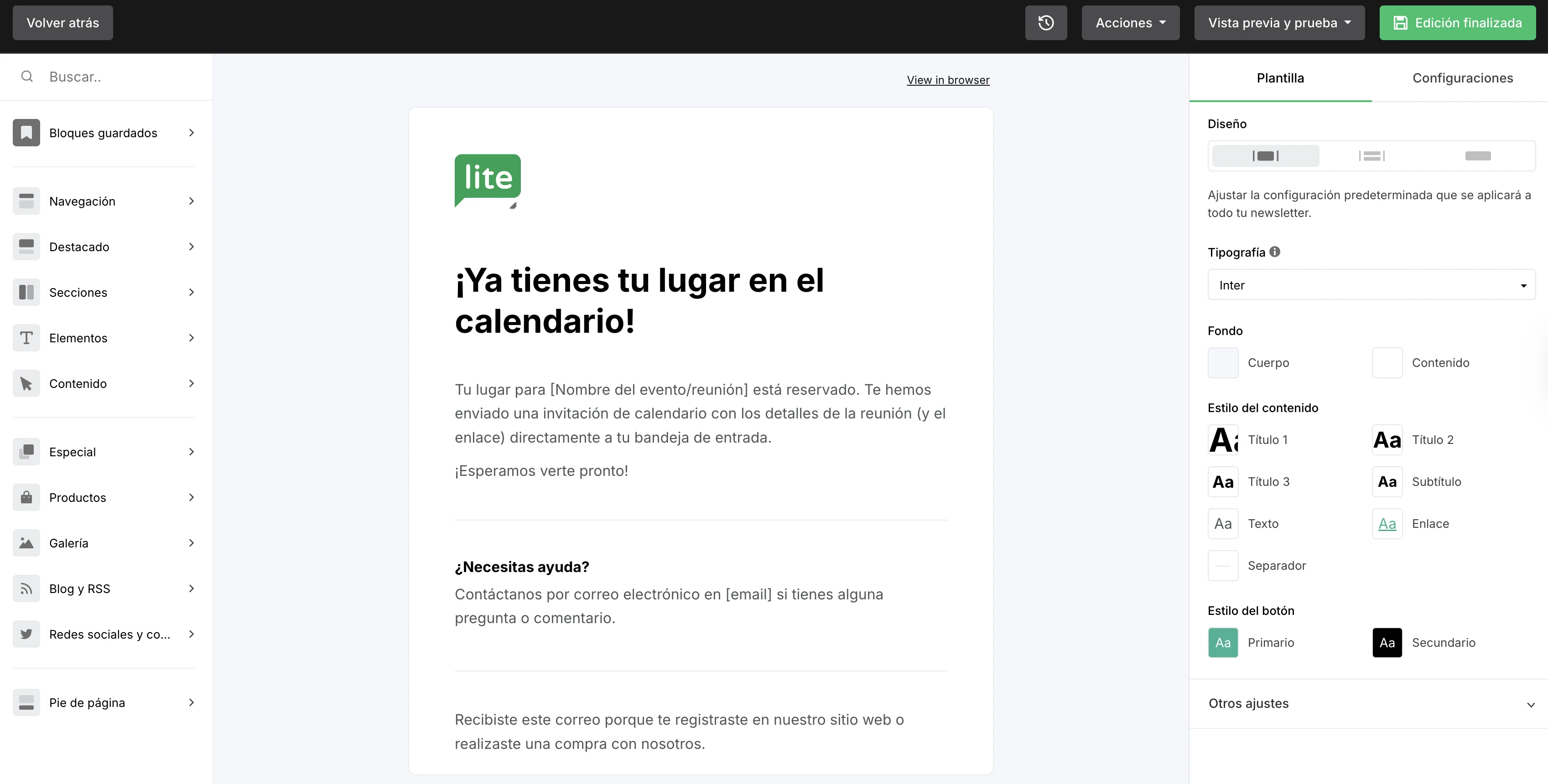 Captura de pantalla del correo electrónico de confirmación del pedido de Reserva de citas en MailerLite