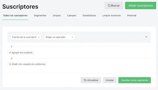 vista de página de suscriptores en el panel de controlo de mailerlite
