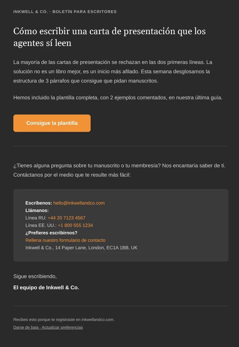 Un email de un sitio web de redacción incluye su dirección de correo electrónico y sus líneas telefónicas.