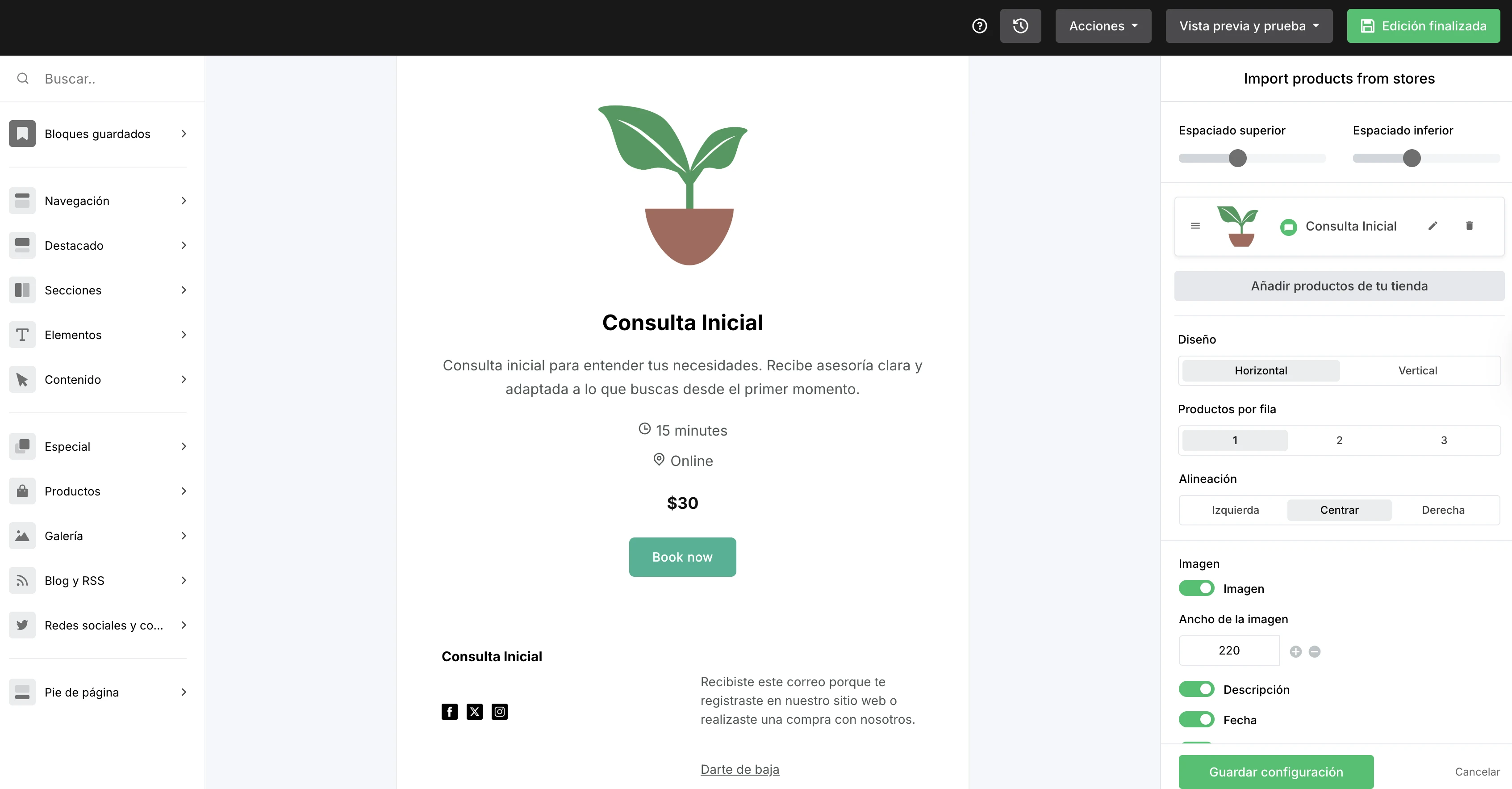 Captura de pantalla de la promoción de un producto dentro de un email