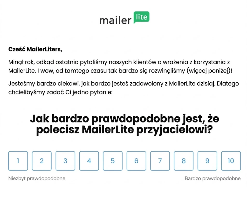 Ankieta e-mailowa MailerLite dotycząca wskaźnika NPS: jakie jest prawdopodobieństwo, że polecisz nas innym? Ocena w skali od 1 do 10