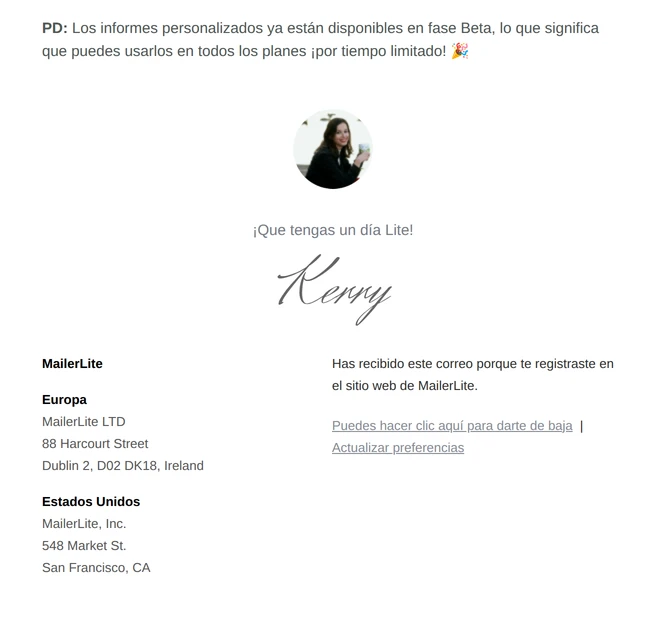 Ejemplo de despedida de correo electrónico de MailerLite, firma y posdata (P. D.)