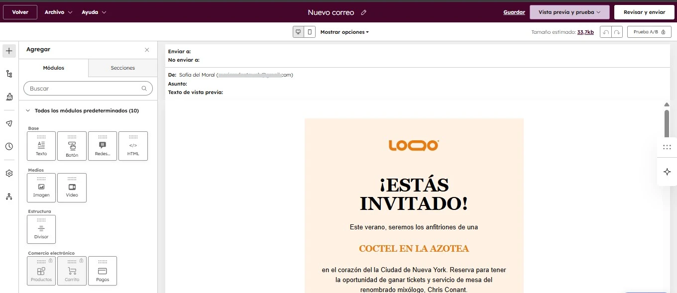 Plantilla de email de cumpleaños con bloques de contenido a un lado