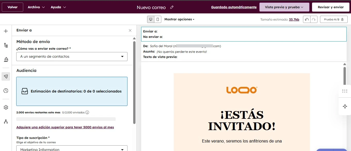 Opciones para programar y enviar correos, y automatizar en el editor de emails de HubSpot