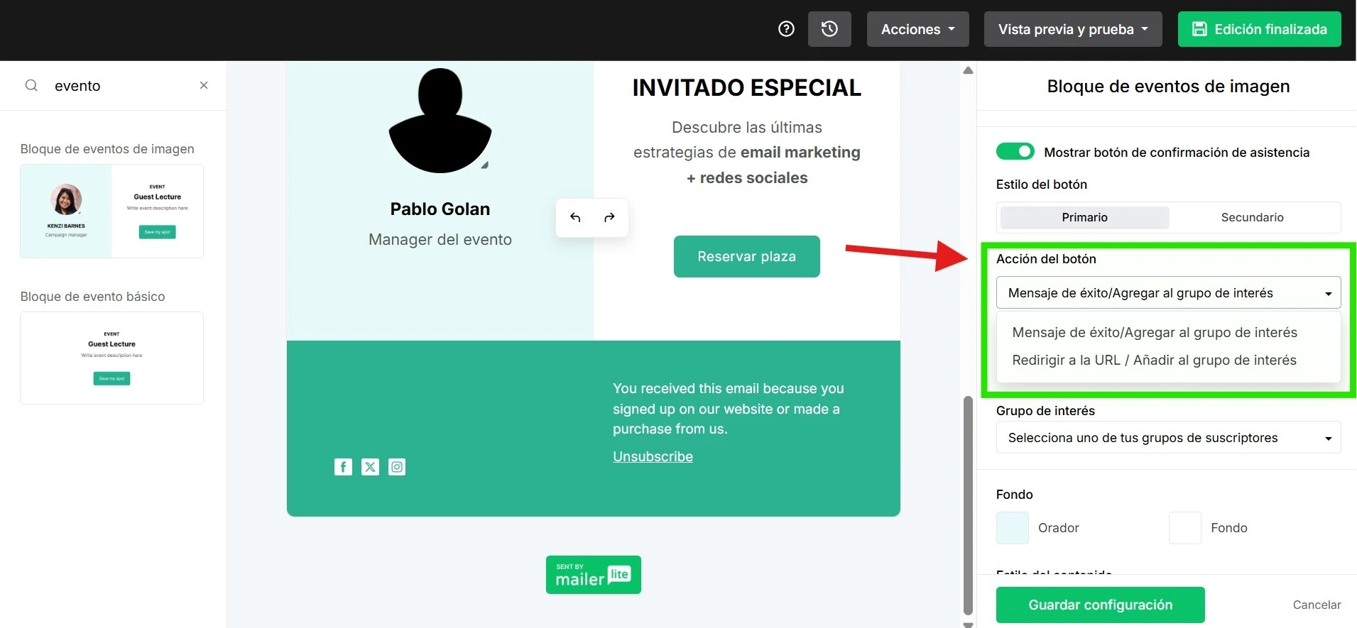 vista del panel de control de MailerLite