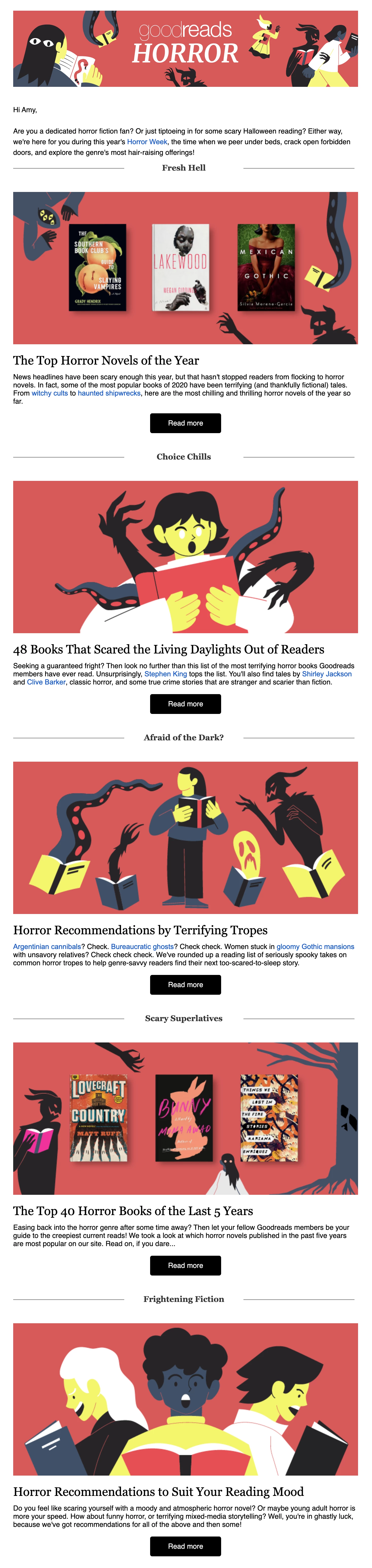 goodreads halloween email with suggestions for horror books and authors