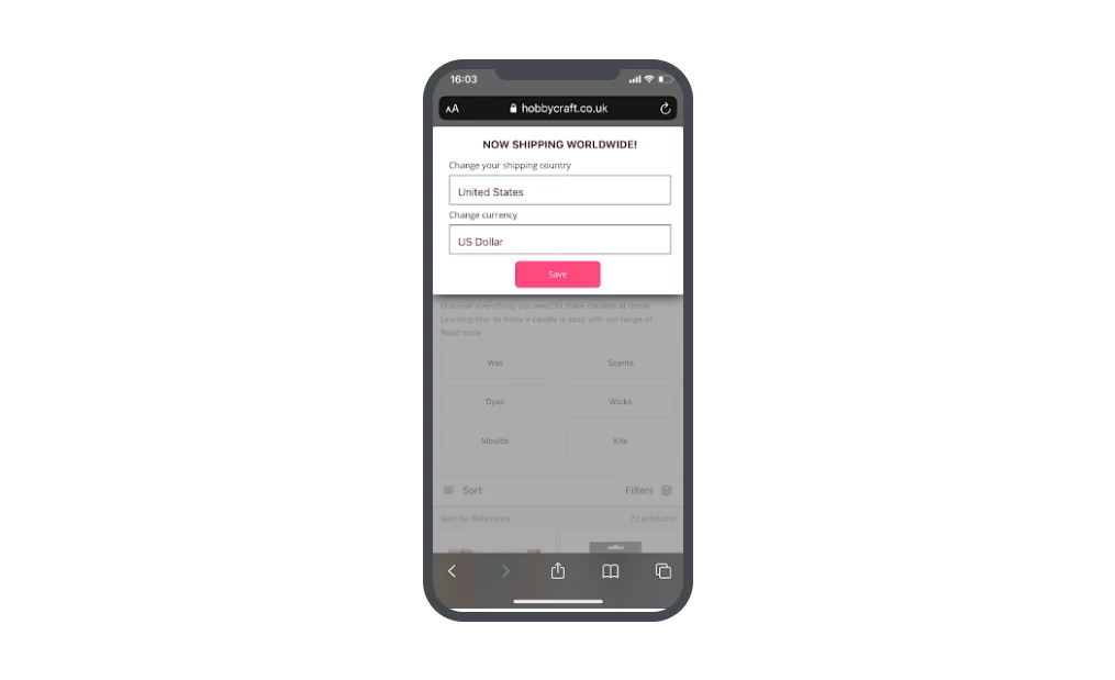 hobbycraft location mobile popup with pink cta button