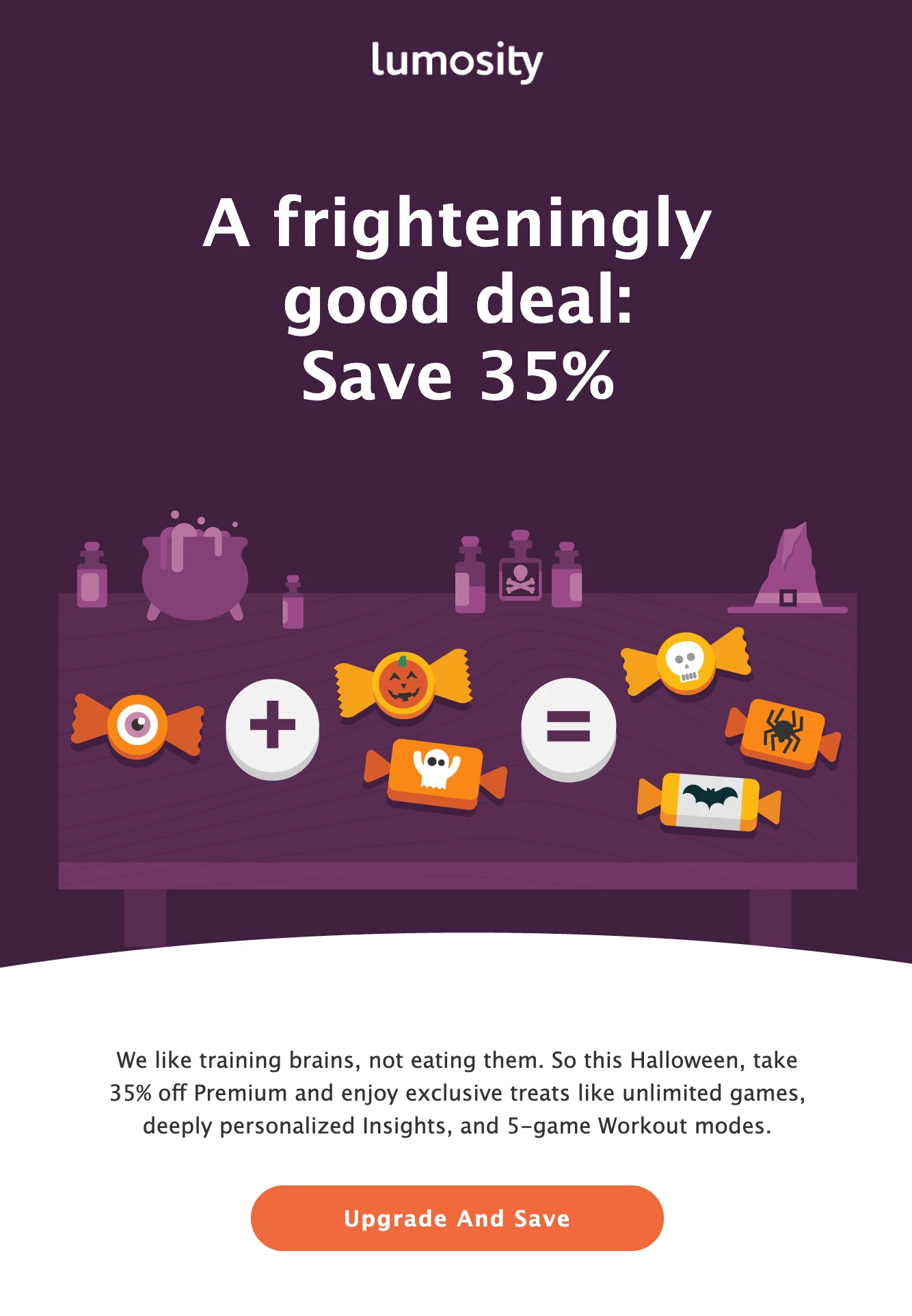 lumosity halloween newsletter with 35% promotion and witch design