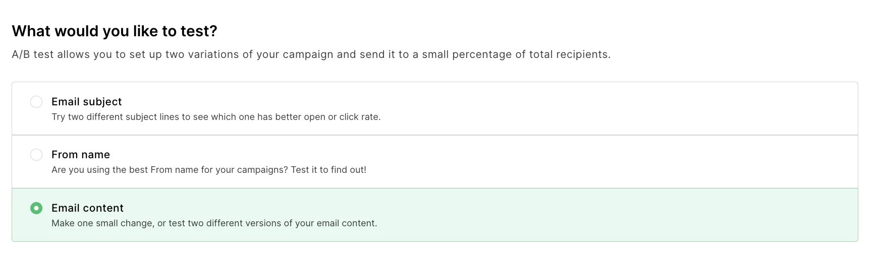 a/b test email content