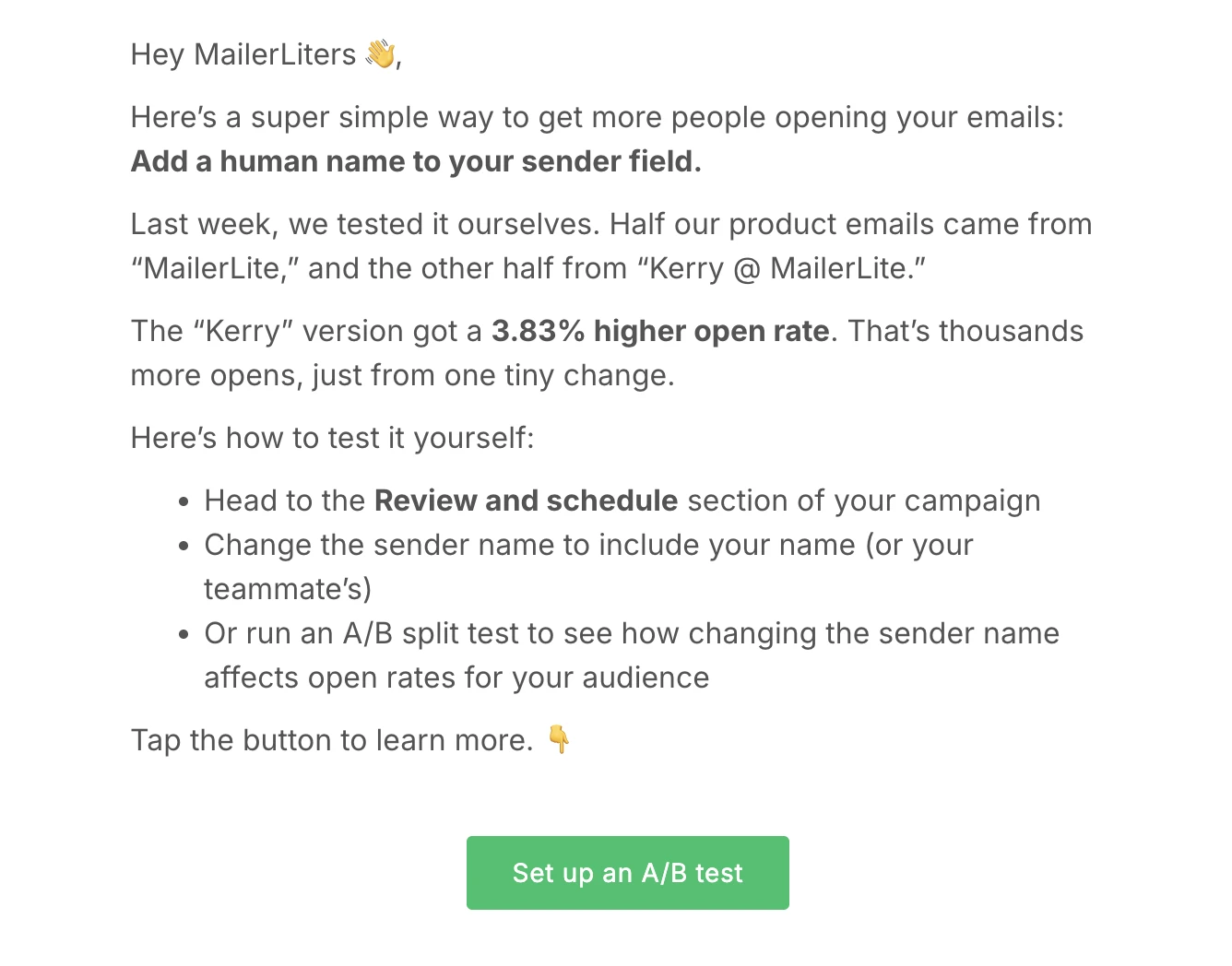 MailerLite newsletter content sharing A/B test results