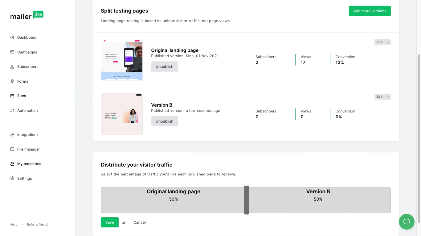 Screenshot of an A/B landing page split test in the MailerLite dashboard