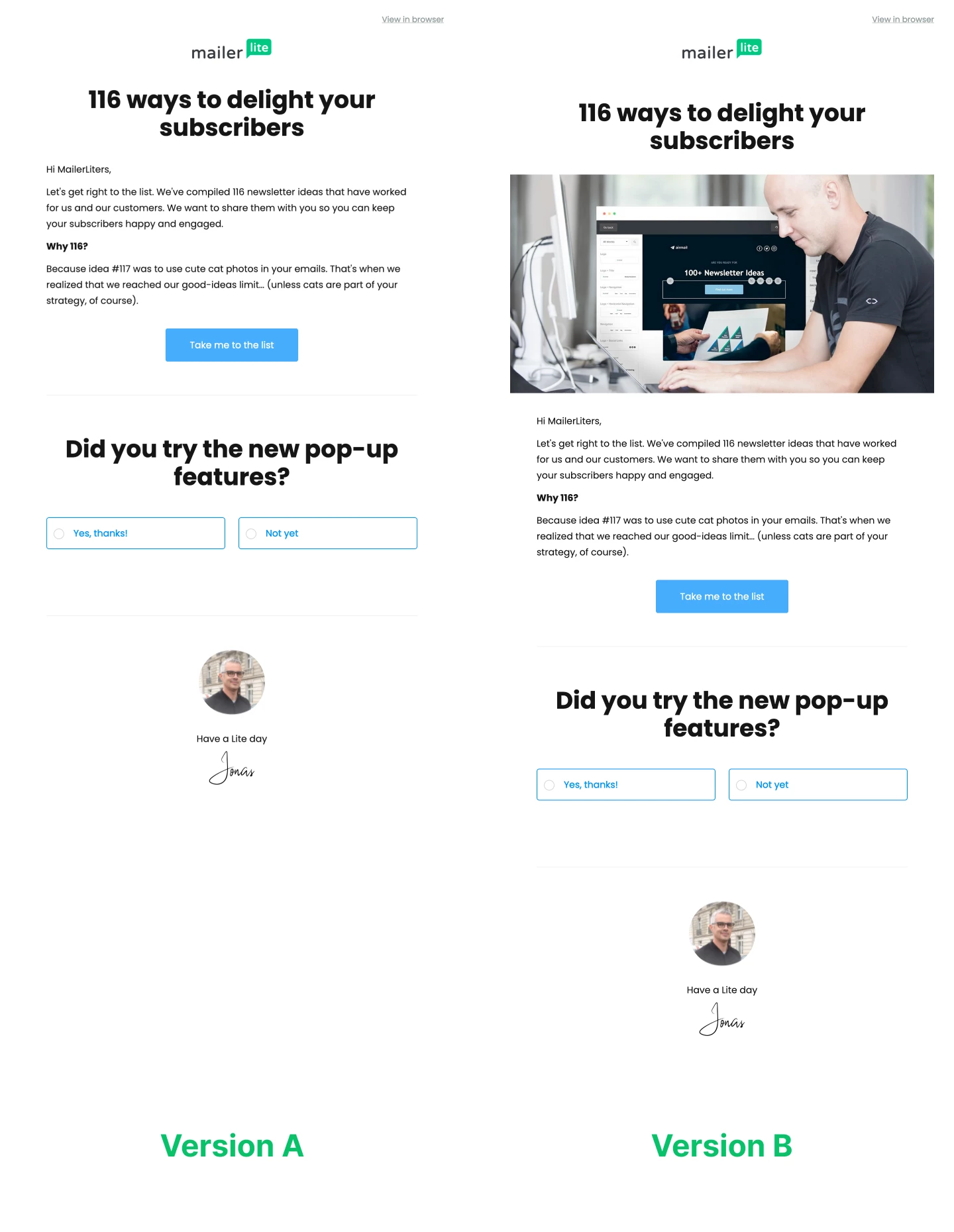 Image of 2 versions of a newsletter, one with a photo another without