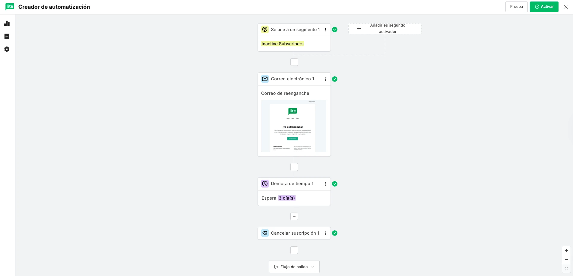 Captura de pantalla que muestra el activador de segmentación de MailerLite