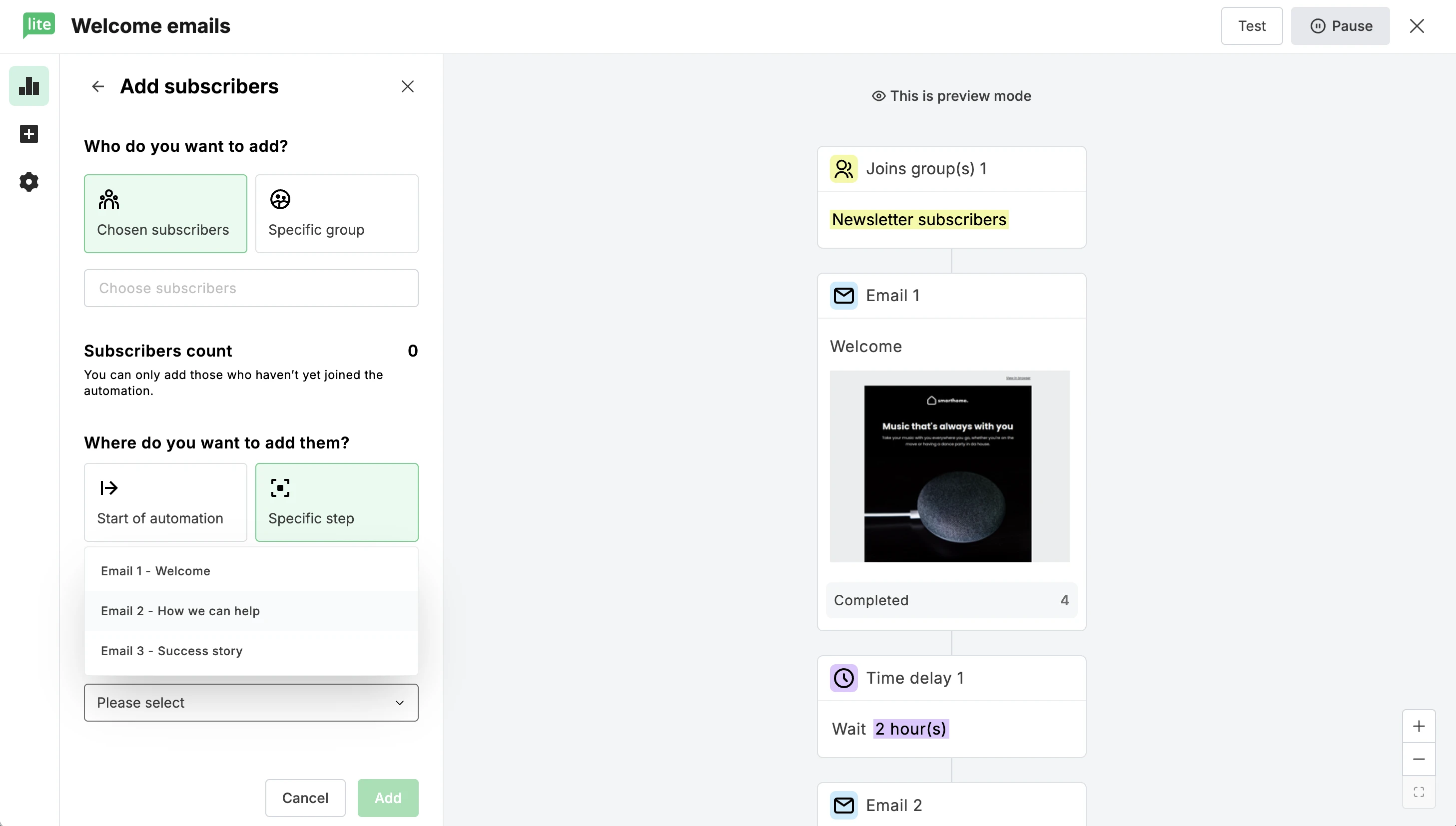 Screenshot of the add subscriber option in MailerLite.