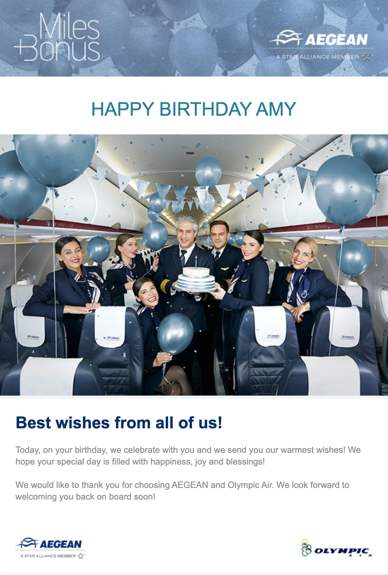 Aegean airlines happy birthday email with photo of crew