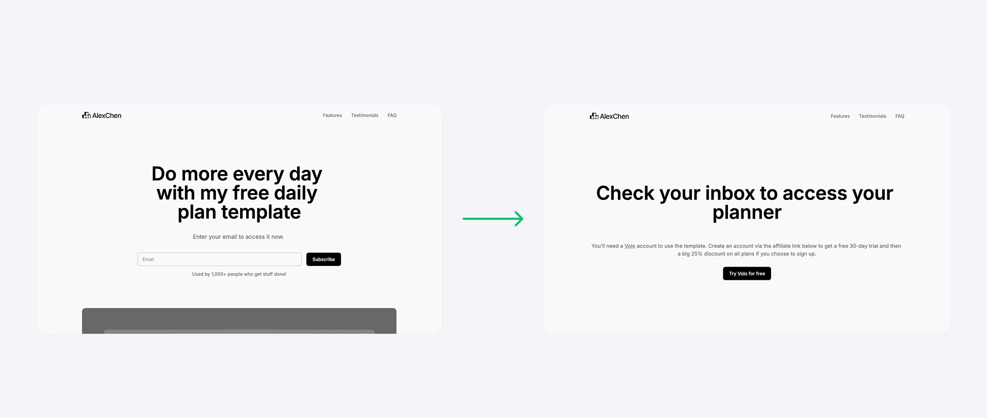 Screenshots showing the signup form to success form flow.