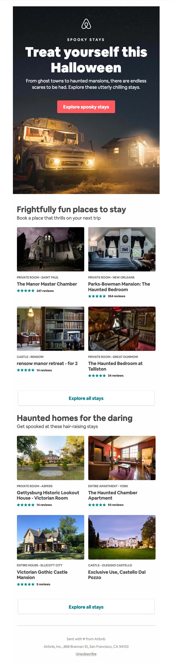 airbnb halloween newsletter with suggestions for spooky stays and experiences