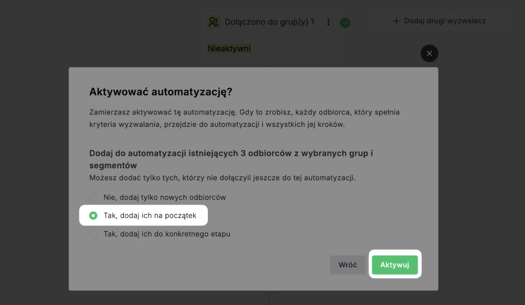 Zrzut ekranu z kroku aktywowania automatyzacji w MailerLite