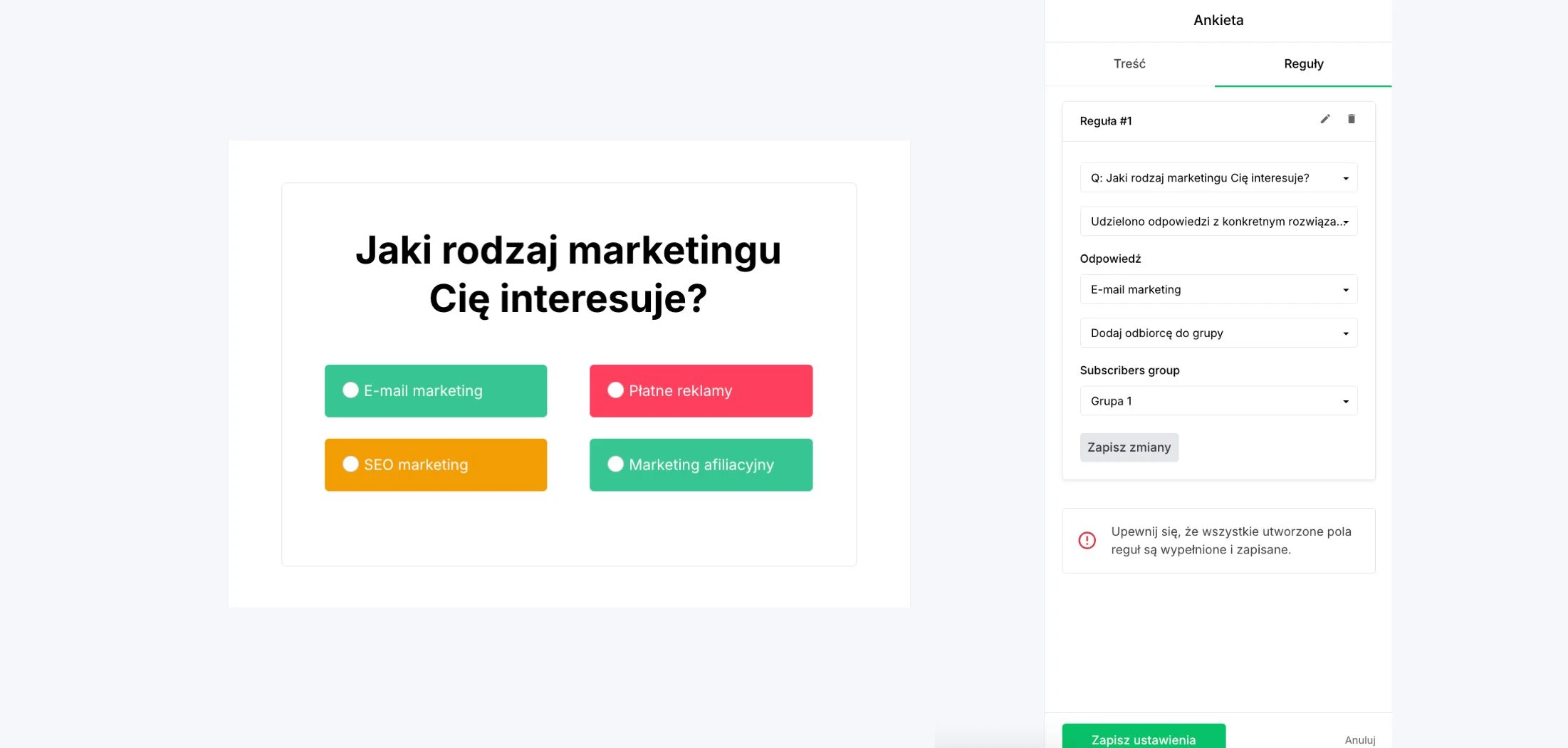 Screenshot ankiety MailerLite z ustawieniami reguł