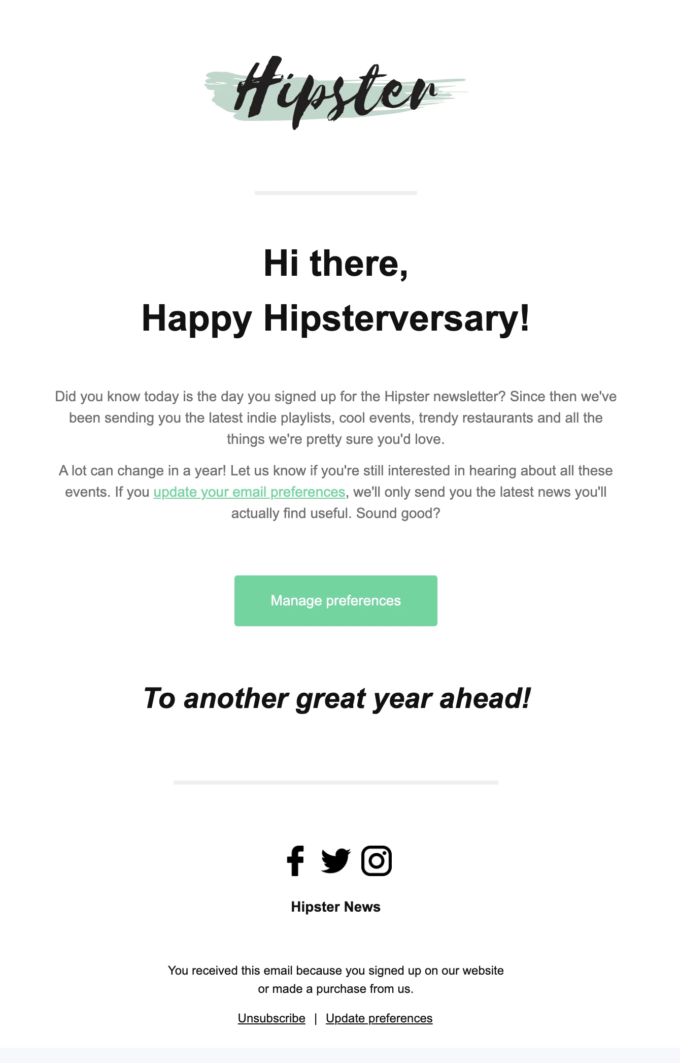 Preference email example sent on subscription anniversary