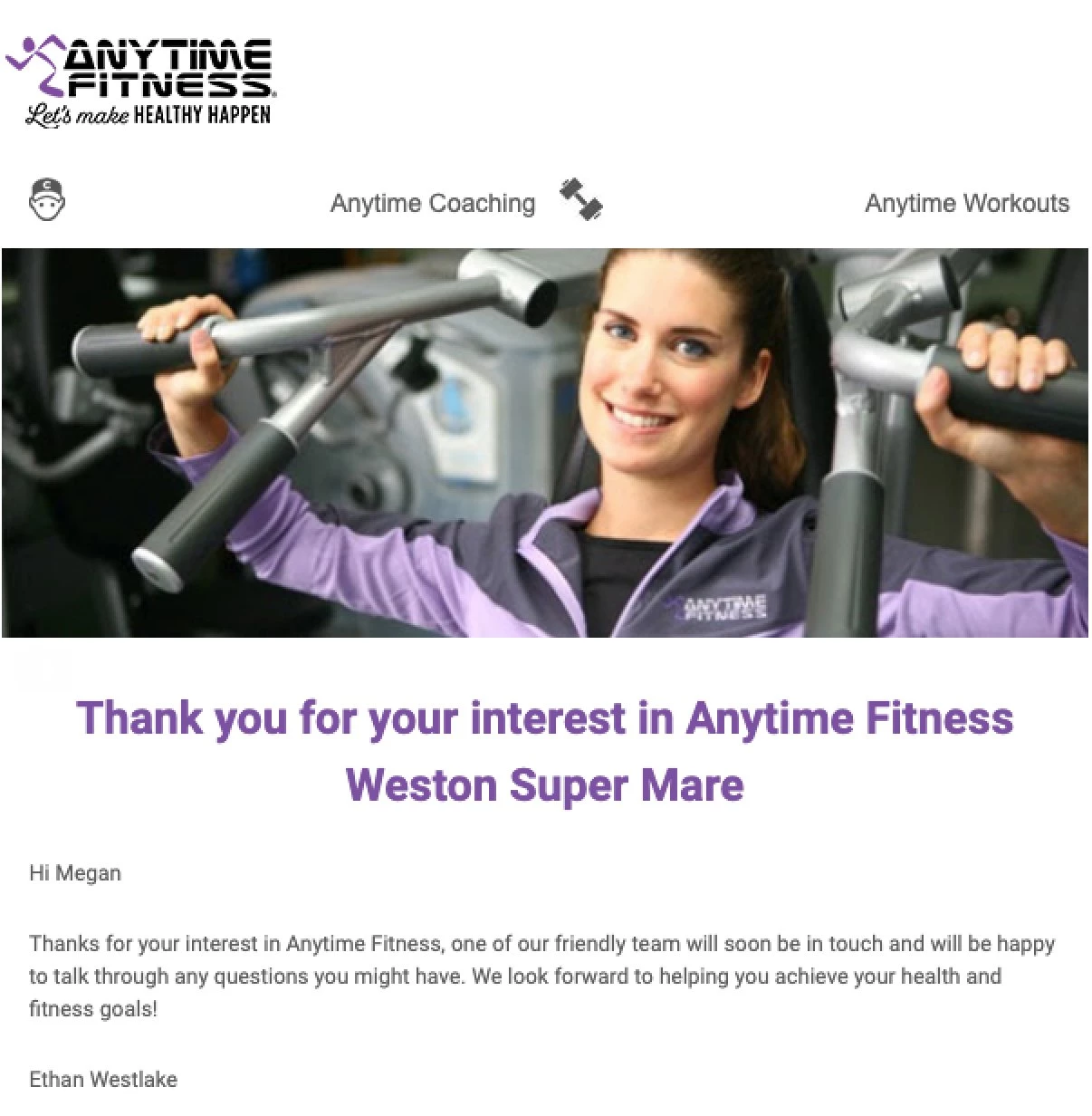 Anytime Fitness newsletter example purple letters