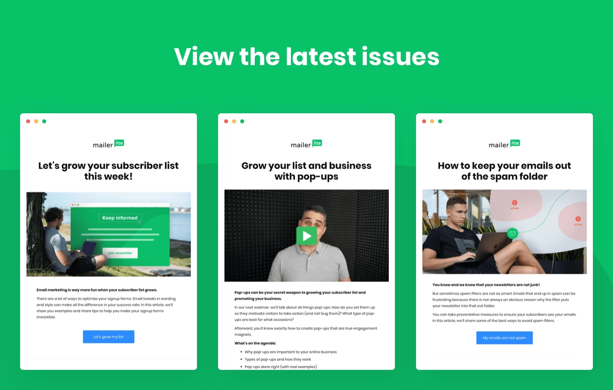 newsletter archives landing page showing latest issues with green background - MailerLite