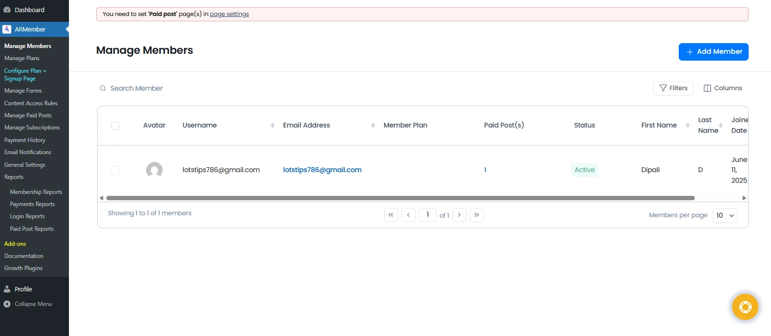 ARMember member management dashboard.