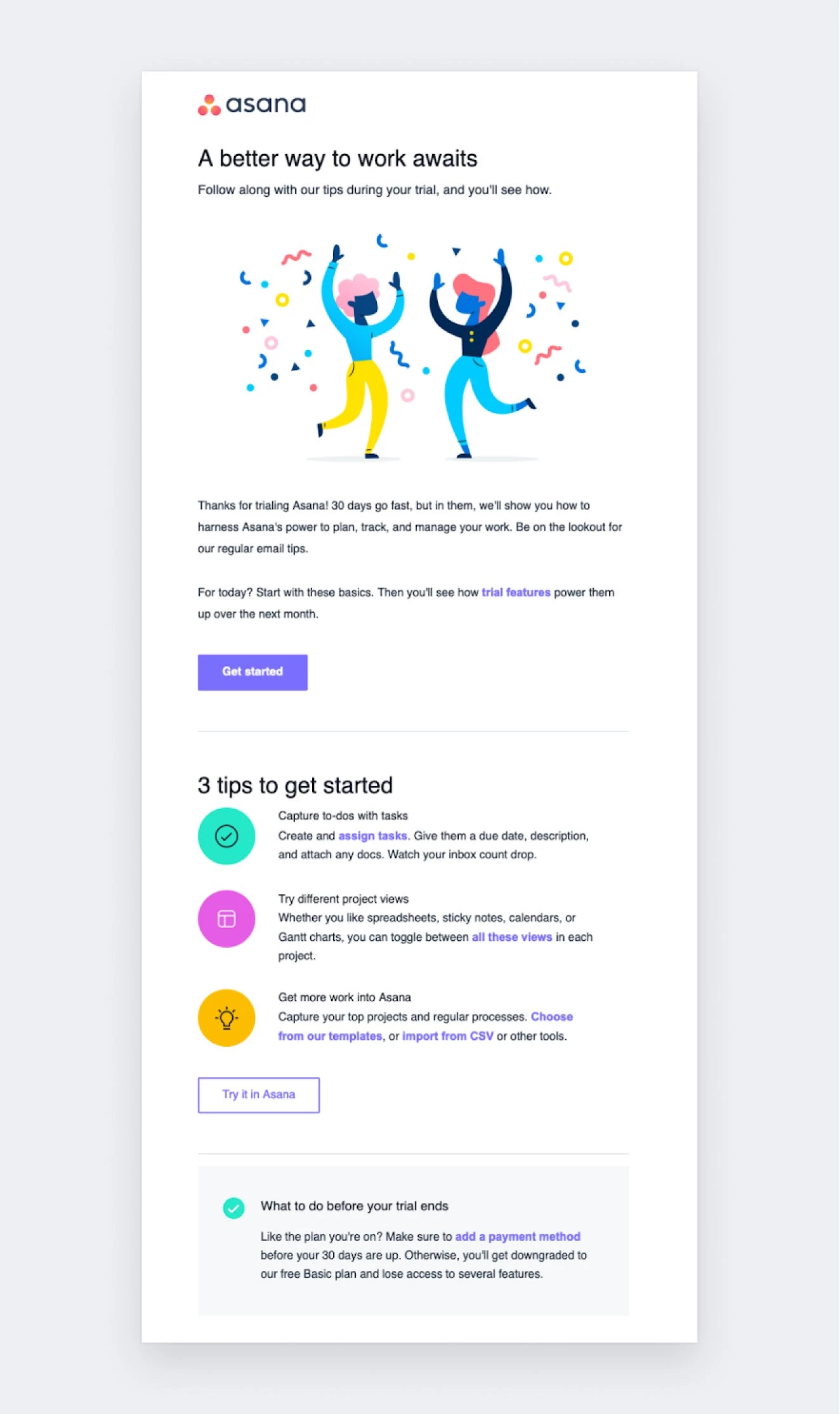 Welcome email example - Asana 3 tips to get started