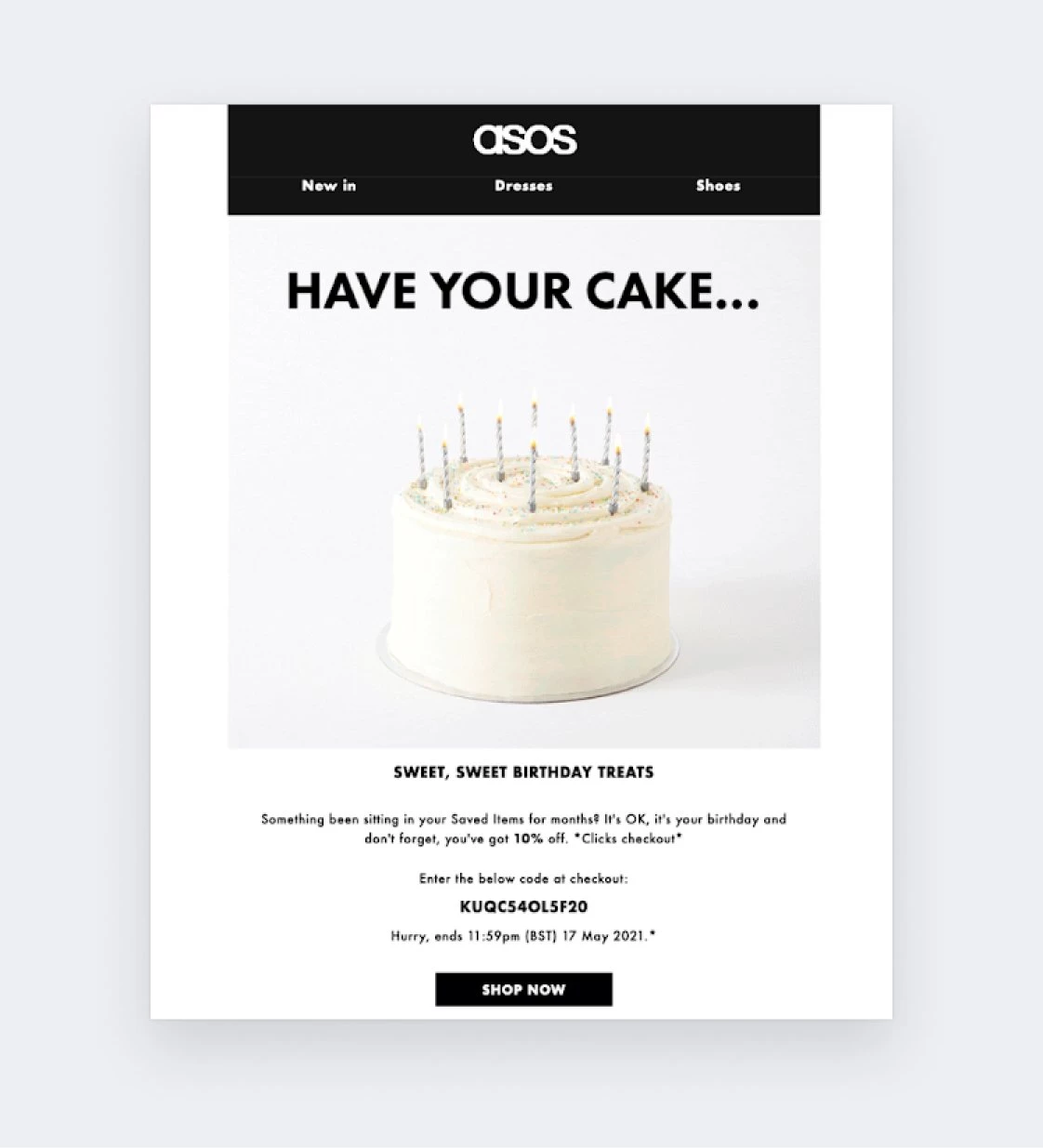 Special offer example - asos have your cake - unique coupon code
