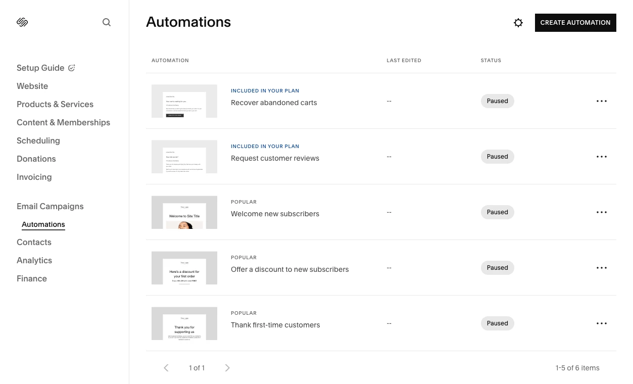Automation in squarespace runs through pre-built templates