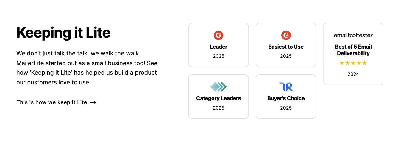 Screenshot of the awards section on a MailerLite landing page
