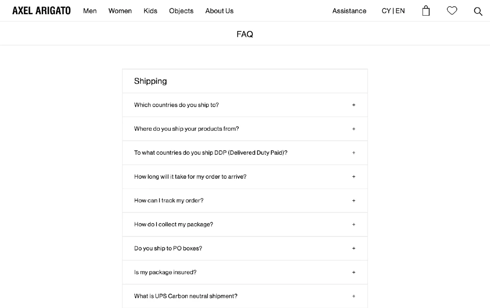 Axel Arigato's simple shipping FAQ in an accordion layout