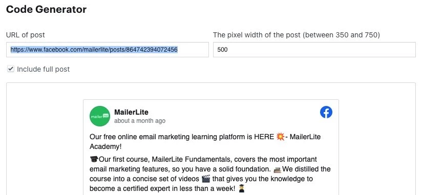 On Facebook for Developers page you can copy embed code of the post