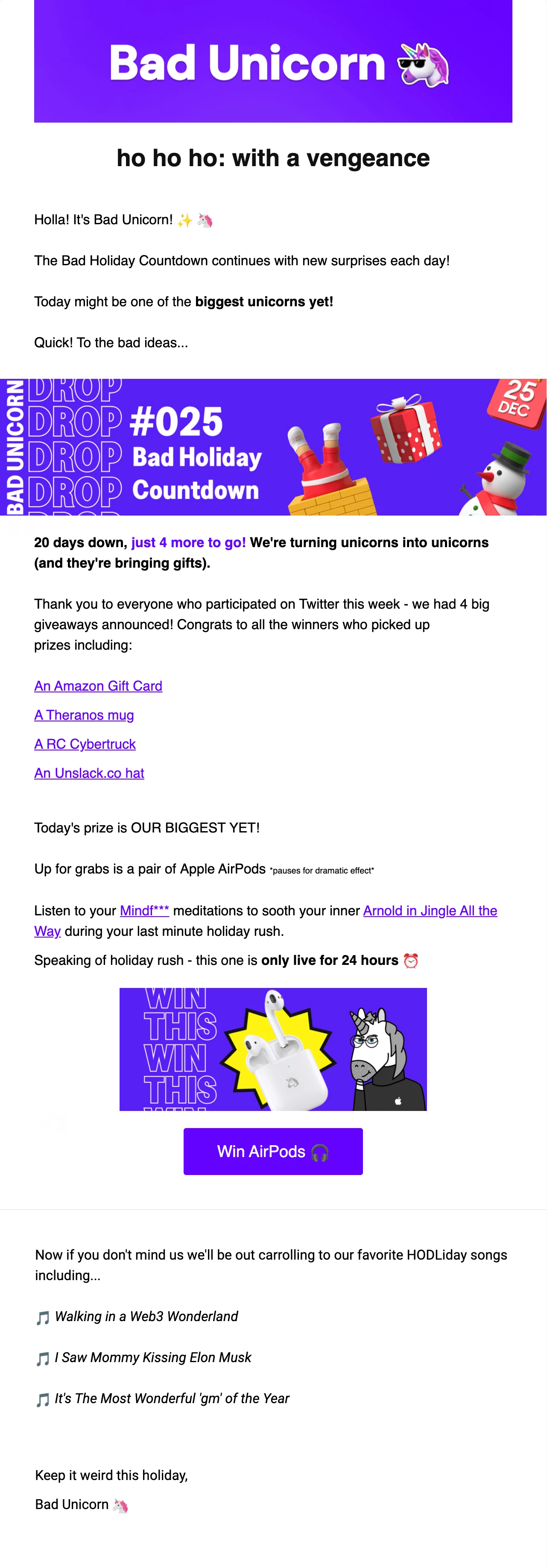 Bad Unicorn email campaign with cross-channel promotion with Twitter