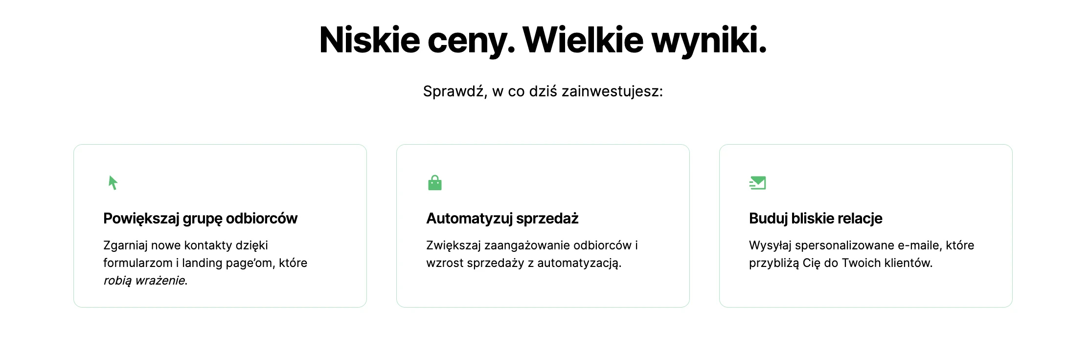 Zrzut ekranu z landing page'a na Black Friday od MailerLite prezentujący blok korzyści