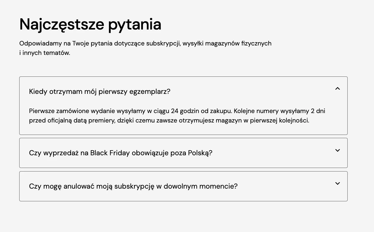 Zrzut ekranu landing page'a na Black Friday z blokiem FAQ