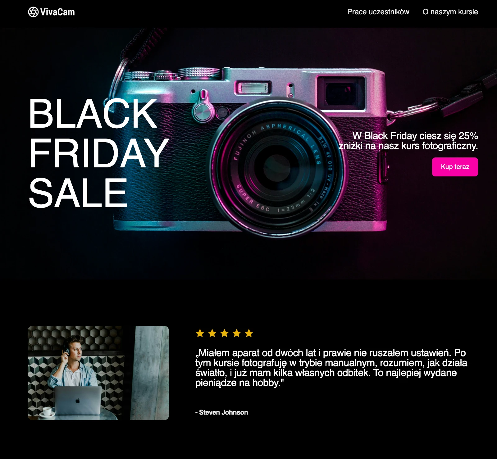 Zrzut ekranu landing page'a na Black Friday z social proof 