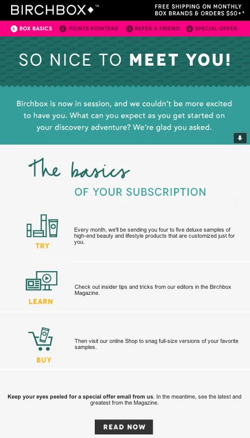 Birchbox welcome email example green and grey background