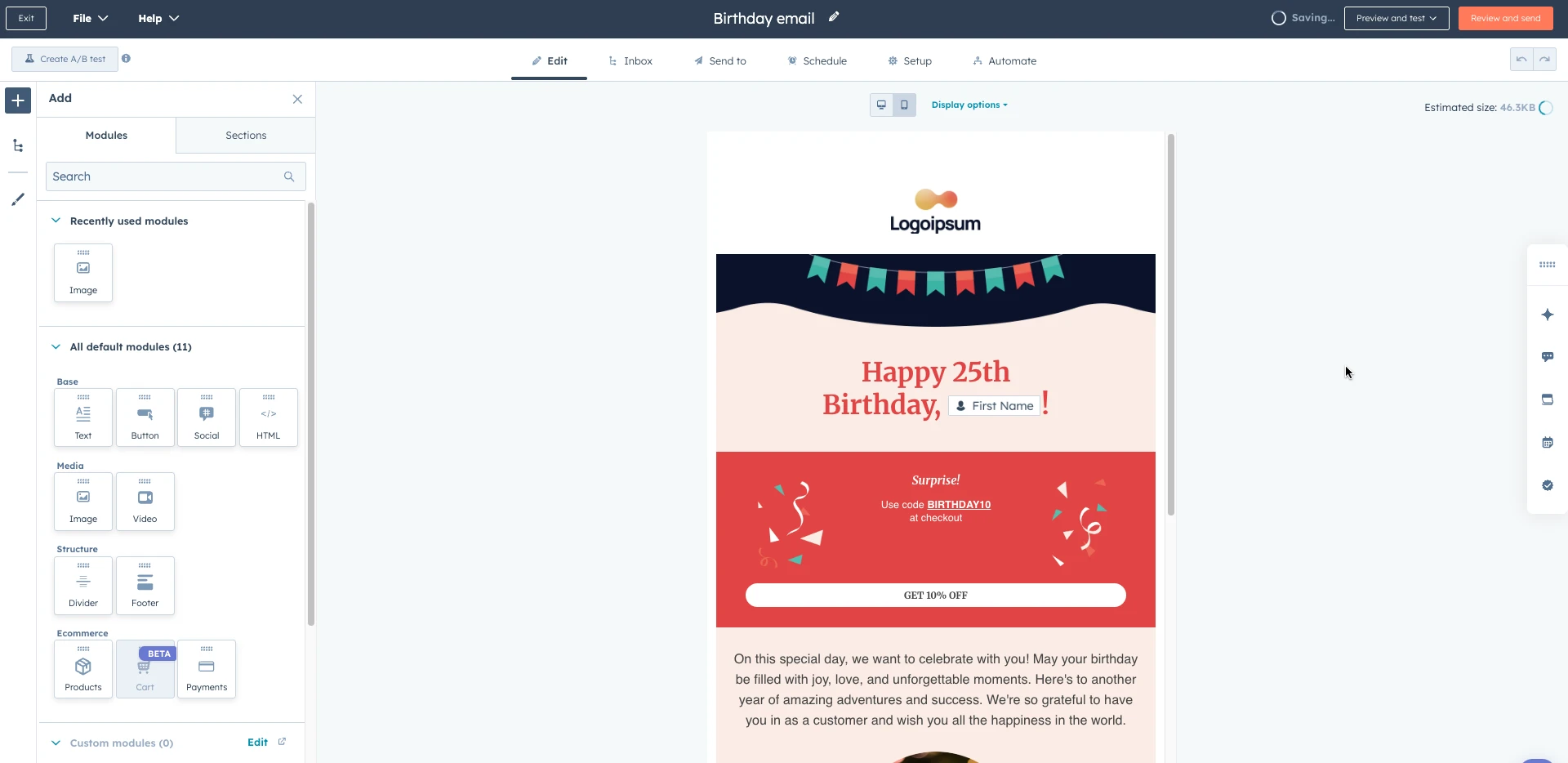 Birthday email template with content blocks on the side