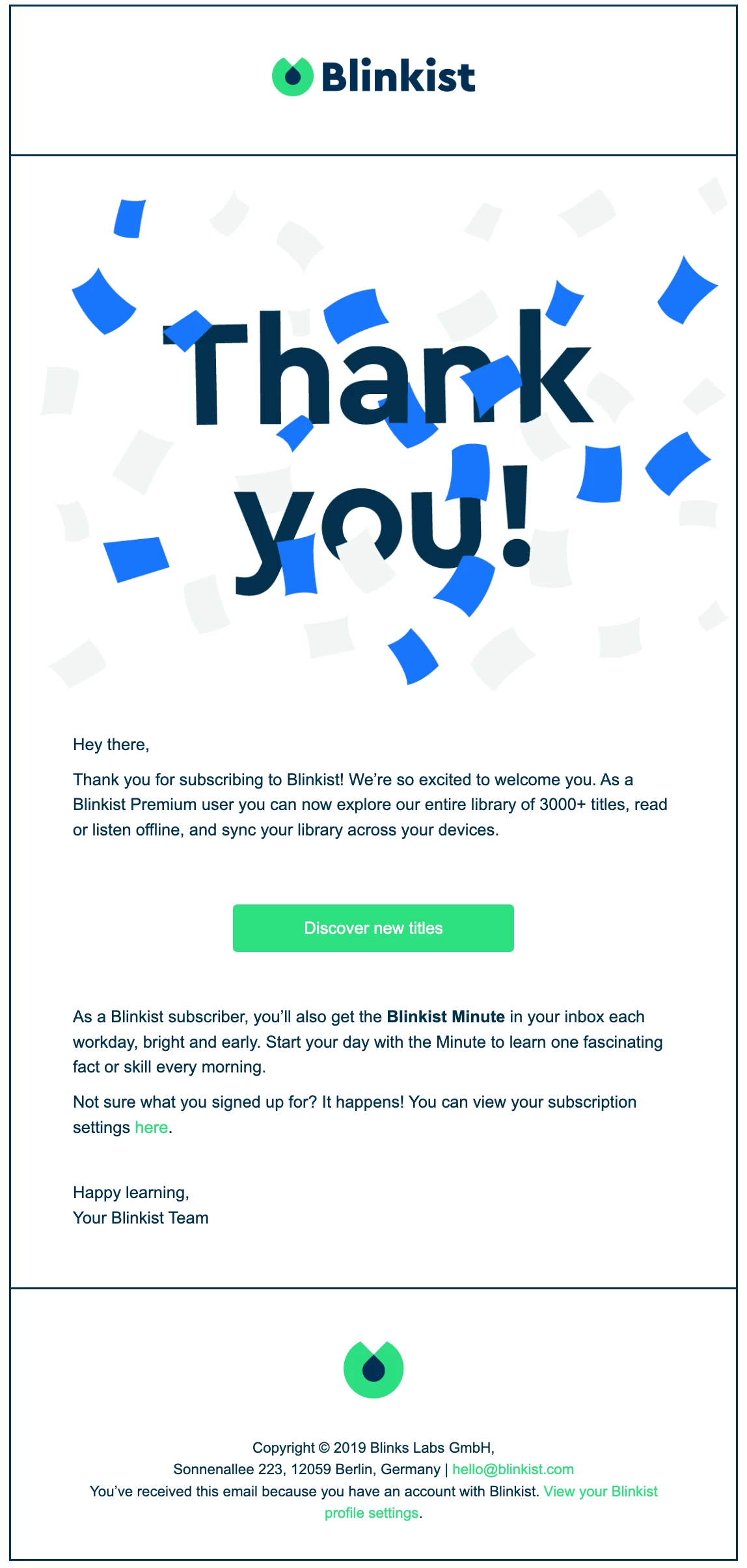 Short welcome email from Blinkist with a big graphic that says 