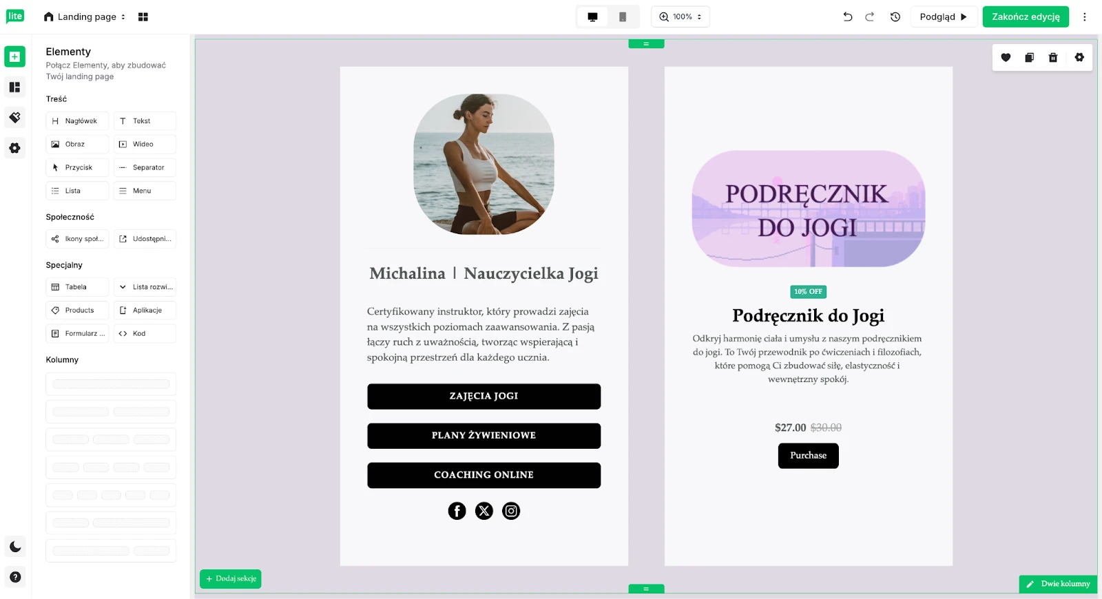 Landing page z blokiem produktu