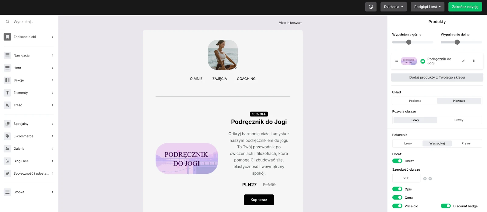 Newsletter MailerLite z blokiem produktu