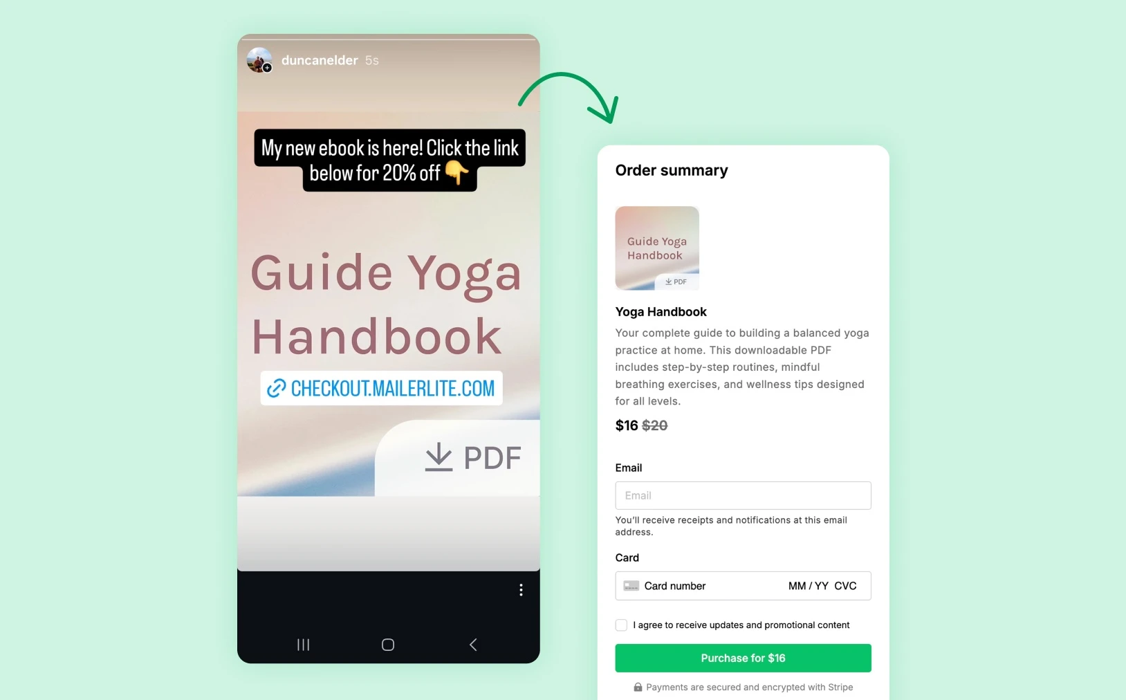 Sales flow from Instagram Story to MailerLite checkout page