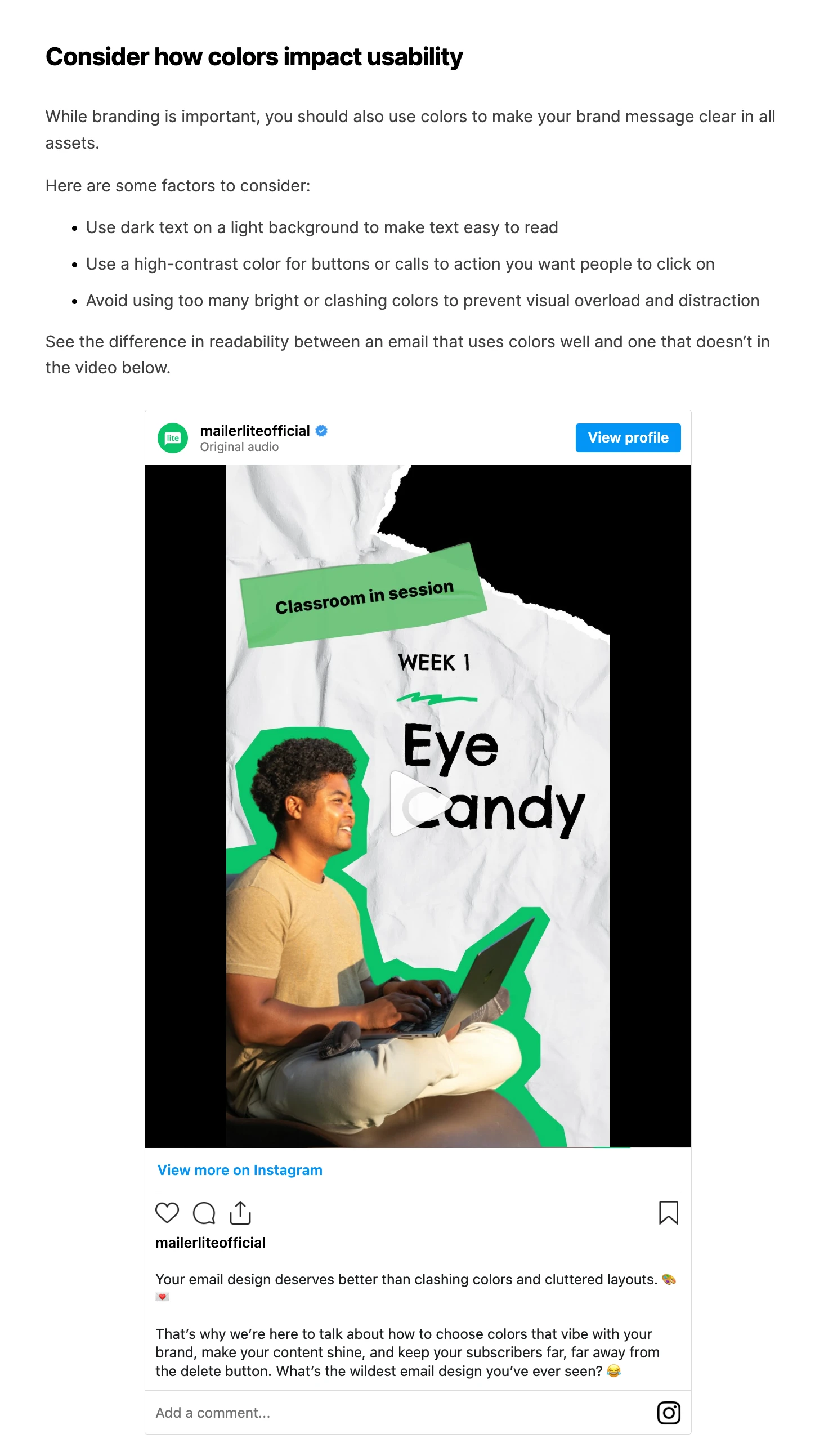 Social media embed on the MailerLite website